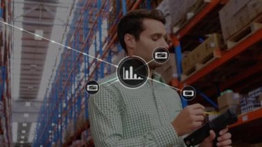 Animation of network of digital icons over caucasian male supervisor checking stock at warehouse. Global networking and transportation business technology concept