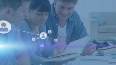 Animation of network of digital icons and light spot over group of diverse students studying. Global networking and education technology concept