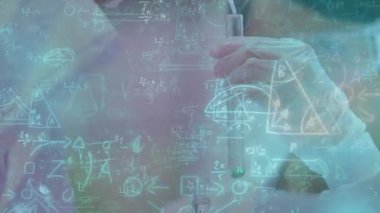 Animation of mathematical equations floating over male and female scientist working at laboratory. Research and science technology concept