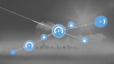 Animation of speedometer and lock icon connected with lines over aerial view of cityscape amidst fog. Digital composite, multiple exposure, buildings, measure, protection and technology concept.