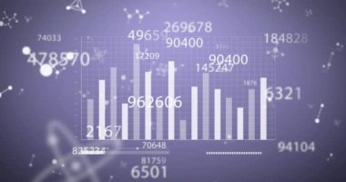 Digital animation of changing numbers, data processing and molecular structures on purple background. Business data technology concept