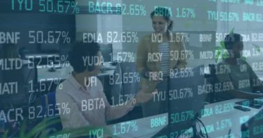 Animation of financial data processing over diverse business people. Global business, finances, computing and data processing concept digitally generated video.