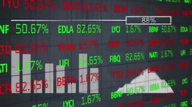 Animation of statistical and stock market data processing against grey background. Global economy and business data technology concept