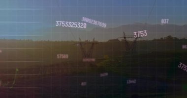 Animation of financial data processing and changing numbers against network towers on grasslands. Global finance and business networking technology concept