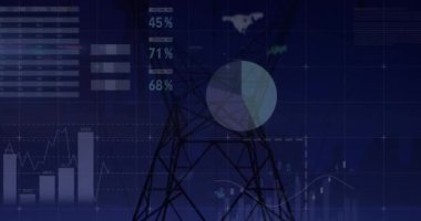 Animation of statistical data processing over network tower against sunset sky. Global networking and business data technology concept