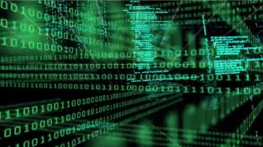 Animation of binary coding and data processing over grid. Global business, finances, computing and data processing concept digitally generated video.
