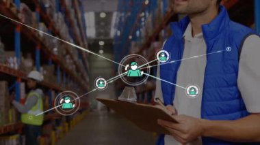 Animation of network of profile icons over caucasian male supervisor checking stock at warehouse. Global networking and transportation business technology concept