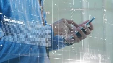 Animation of interface with data processing against mid section of a man using smartphone. Computer interface and business technology concept