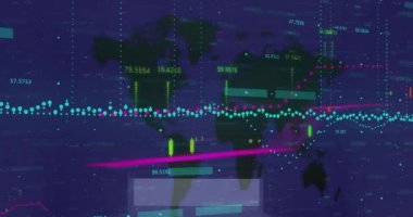 Mavi arka planla dünya haritasında finansal veri işleme animasyonu. Küresel finans ve iş teknolojisi kavramı
