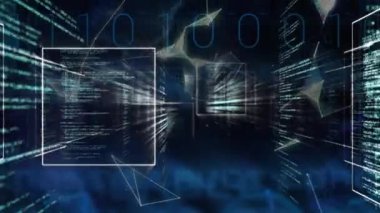 Animation of squares, binary codes, computer language over rotating globe on abstract background. Digitally generated, hologram, globalization, coding, machine learning and technology concept.