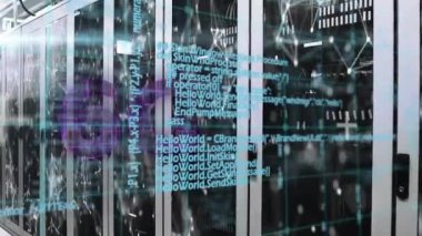 Animation of 6g text banner and data processing against network of connections over server room. Global networking and business data storage technology concept