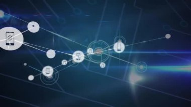 Animation of network of profile icons against light spot on blue background. Global networking and business technology concept