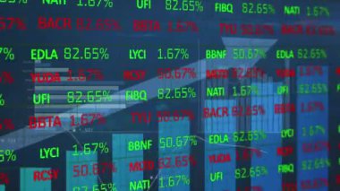 Animation of statistical and stock market data processing against blue background. Global economy and business data technology concept