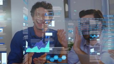 Animation of data processing over diverse business people. Global business, finances, computing and data processing concept digitally generated video.