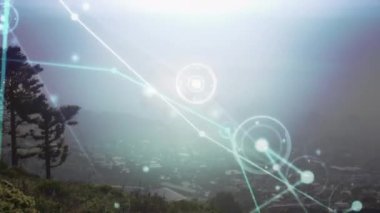 Animation of network of connections and glowing light trail against aerial view of cityscape. Global networking and business technology concept