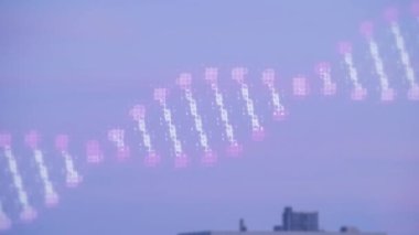 Animation of dna structure spinning against aerial view of tall buildings. Medical research and science technology concept