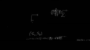 Animation of mathematical equations and diagrams floating against black background. Research science and education concept