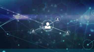 Animation of network of profile icons against light spot on blue background. Global networking and business technology concept