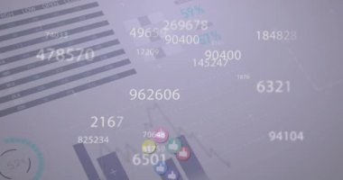 Animation of multiple changing numbers and like icons against statistical data processing. Social media networking and business data technology concept