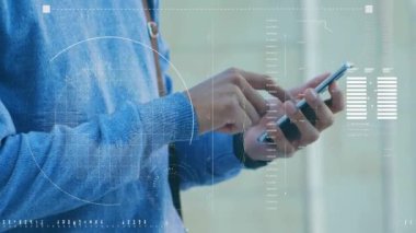 Animation of interface with data processing against mid section of a man using smartphone. Computer interface and business technology concept