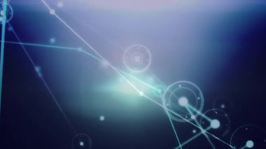 Animation of glowing network of connections over light spot against blue background. Global networking and business technology concept