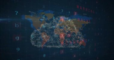 Animation of cyber security concept icons and data processing against world map on blue background. Global networking and cyber security technology concept