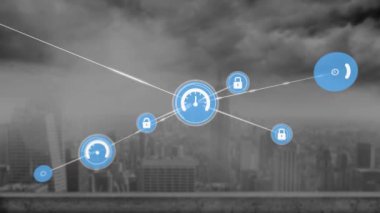 Animation of connected padlock and speedometer icons against dense clouds over modern cityscape. Digital composite, empire state building, measure, buildings, protection and technology concept.