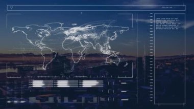 Animation of financial data processing and world map over cityscape. Global business, finances, computing and data processing concept digitally generated video.