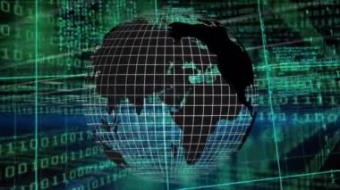 Animation of grid patterned globe over computer language and binary codes on black background. Digitally generated, hologram, globalization, coding, machine learning and technology concept.
