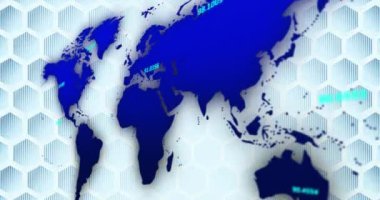 Animation of numbers over world map against mosaic squares over computer server room. Global networking and business data storage technology concept