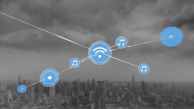 Animation of wifi and music icons connected with lines over modern cityscape and cloudy sky. Digital composite, multiple exposure, internet, buildings, architecture and technology concept.