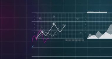 Animation of interface with statistical data processing against purple gradient background. Computer interface and business data technology concept
