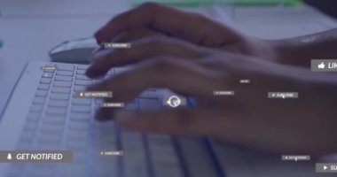 Animation of multiple social media icons against mid section of a person typing on keyboard. Social media networking and business technology concept