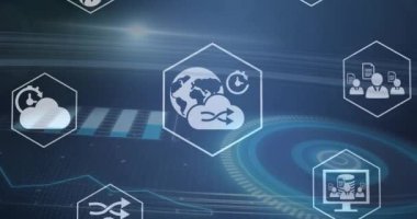 Animation of data processing over icons and scope. Global cloud computing and data processing concept digitally generated video.
