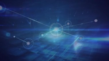 Animation of network of connections over light spot and square shapes against blue background. Global networking and business technology concept