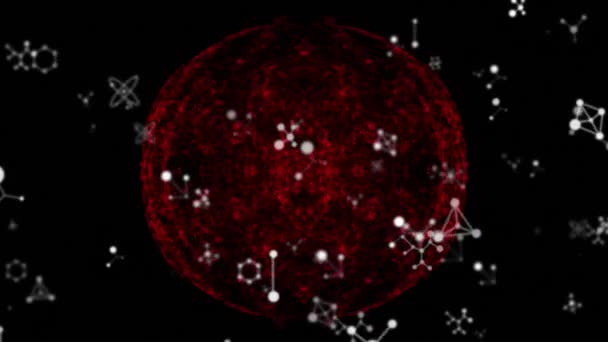 Animation Molecular Structures Floating Red Globe Black Background Research Science — Wideo stockowe