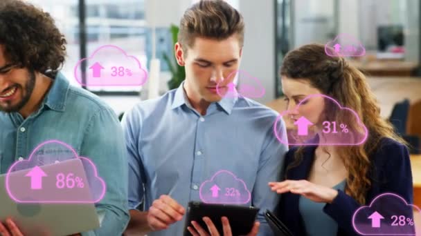 Animation Cloud Icons Increasing Percentage Diverse Colleagues Discussing Office Computer — Vídeo de Stock
