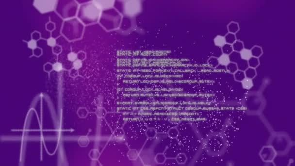 在紫色梯度背景下对数据处理 Dna和化学结构进行动画化处理 医学研究和科学技术概念 — 图库视频影像