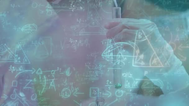 Animación Ecuaciones Matemáticas Flotando Sobre Científicos Masculinos Femeninos Que Trabajan — Vídeos de Stock