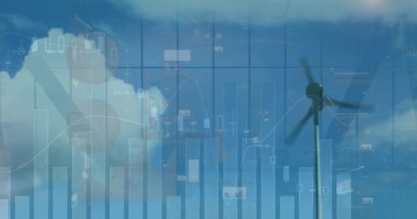 Animation Statistical Data Processing Spinning Windmill Clouds Blue Sky Business — Vídeo de Stock