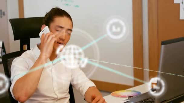 Animation Network Digital Icons Asian Man Talking Smartphone Office Global — Vídeo de Stock