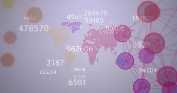 Animace Měnících Čísel Koulí Digitálních Ikon Mapě Světa Šedém Pozadí — Stock video