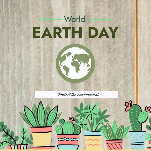 Illustration of globe and potted plants with world earth day and protect the environment text. Copy space, gardening, growth, nature, awareness, support and environmental conservation concept.