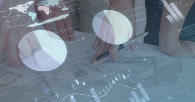 Image of financial data processing over diverse business people in office. global business, finances and digital interface concept digitally generated image.