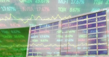 Composition of financial data processing over solar panel. Global ecology, finances and digital interface concept digitally generated image.
