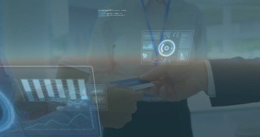 Image of data processing over diverse business people with card. Global business and digital interface concept digitally generated image.