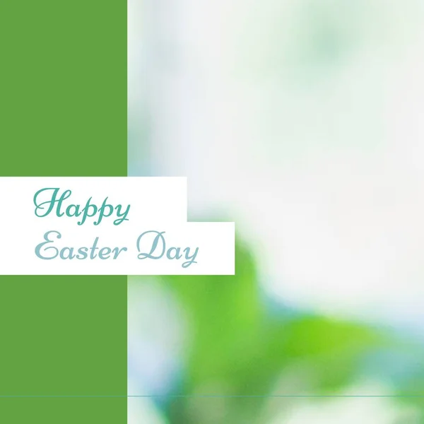 Composition of happy easter day text on white and green blurred background with copy space. Easter, tradition and celebration concept digitally generated image.