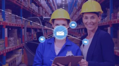 Animation of network of connections over diverse women working in warehouse. Global shipping, business, finances, computing and data processing concept digitally generated video.
