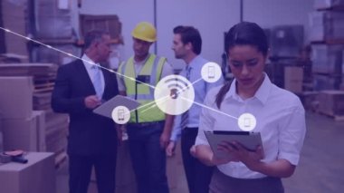 Animation of network of connections over diverse people working in warehouse. Global shipping, business, finances, computing and data processing concept digitally generated video.