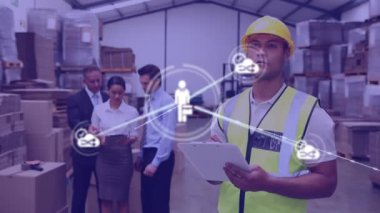 Animation of network of connections over diverse people working in warehouse. Global shipping, business, finances, computing and data processing concept digitally generated video.